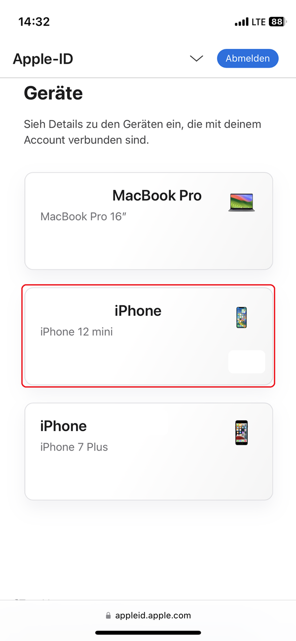 Screenshot von den Optionen in der Apple-ID unter „Geräte“.