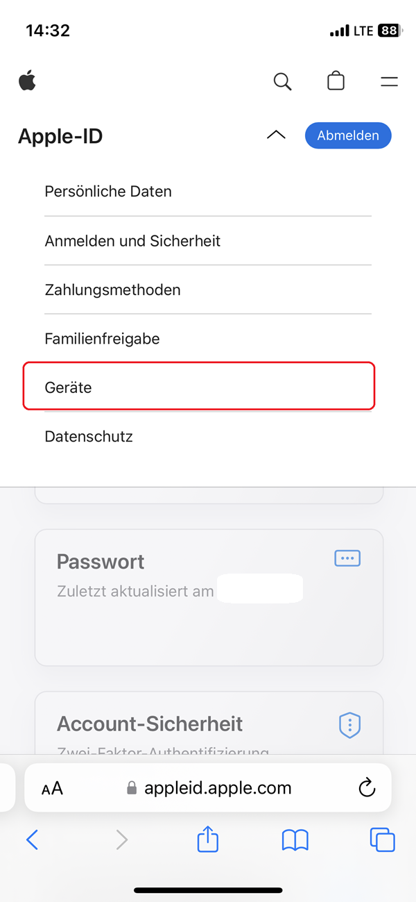 Screenshot von angemeldeter Apple-ID mit roter Markierung bei „Geräte“.