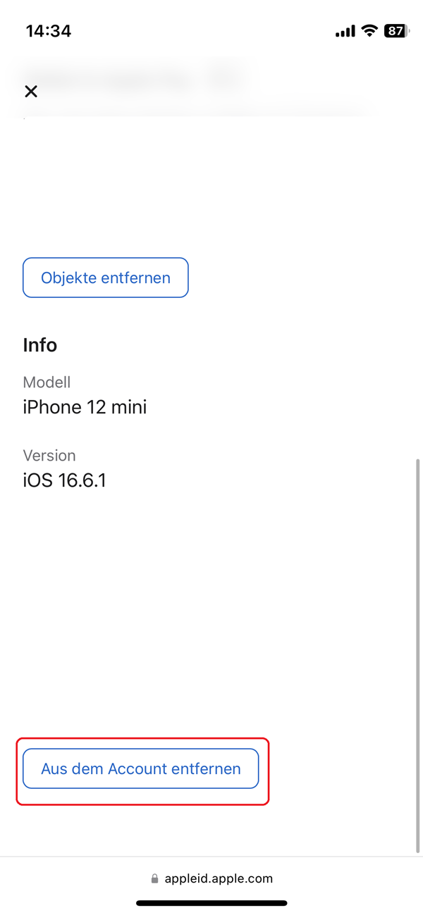 Screenshot von den Optionen in der Apple-ID unter der Auswahl eines Geräts.