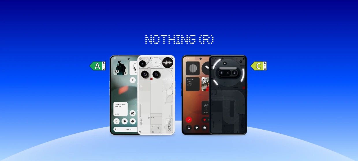  Zwei Nothing-Handys mit Vorder-/Rückseite, Phone 3 in weiß mit Energielabel A und Phone 3a in schwarz mit Energielabel C, darüber das NOTHING(R)-Logo. 