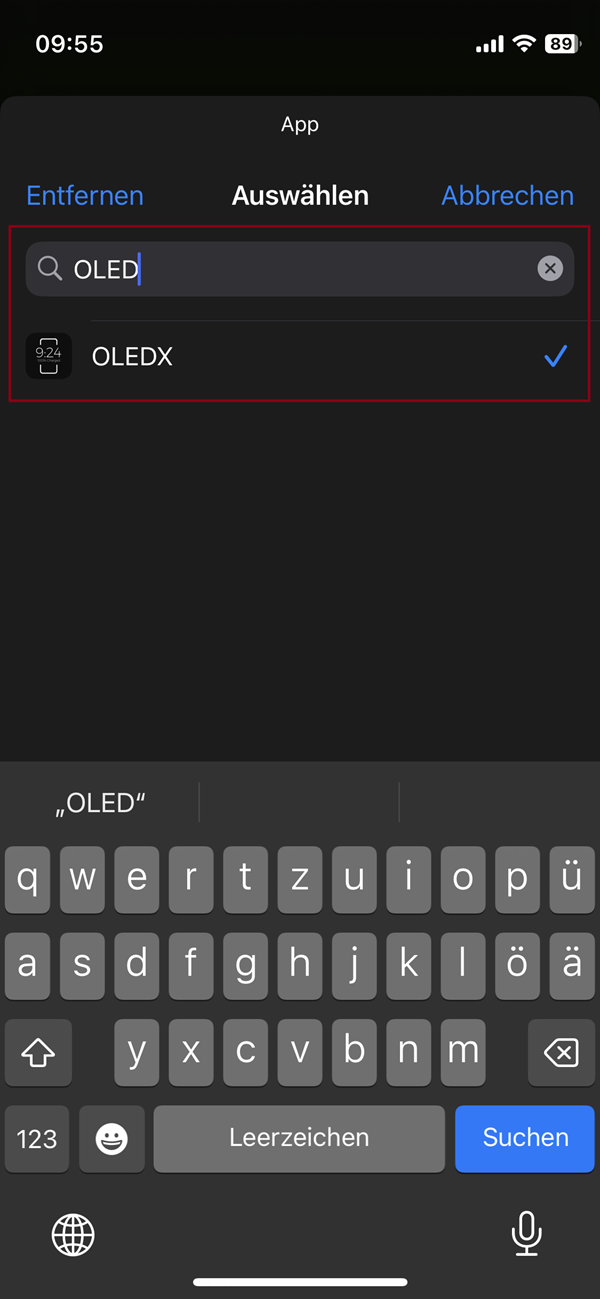 Screenshot von Menü in „Kurzbefehle“ mit Suche nach „OLEDX“.
