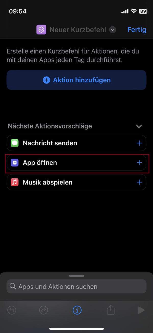 Screenshot von Menü in „Kurzbefehle“ mit Markierung von „App öffnen“.