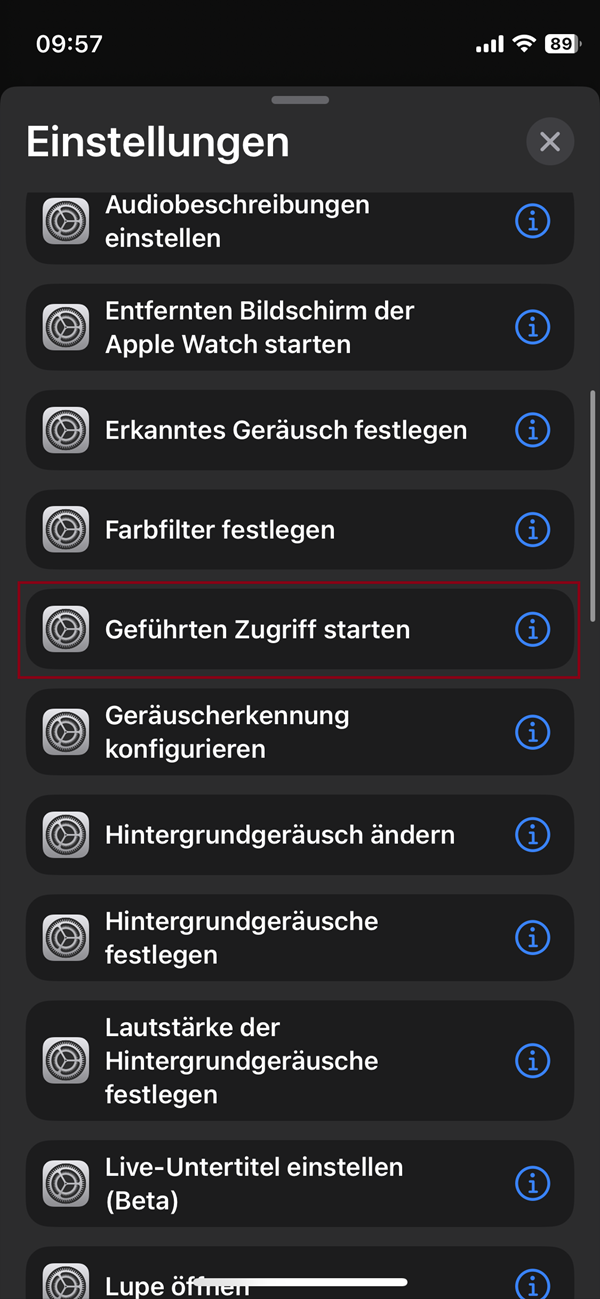 Screenshot von Menü in „Kurzbefehle“ mit Markierung von „Geführten Zugriff starten“.