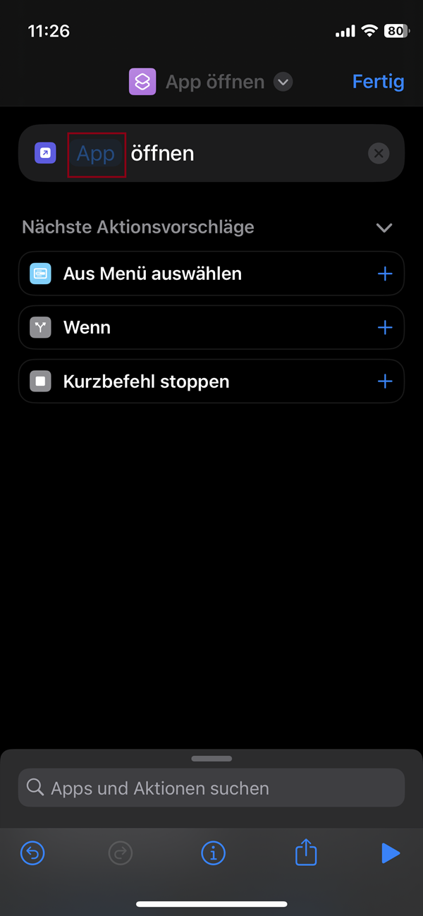 Screenshot von Menü in „Kurzbefehle“ mit Markierung von „App“.