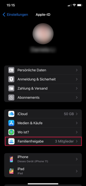 Screenshot der Apple-Einstellungen-App