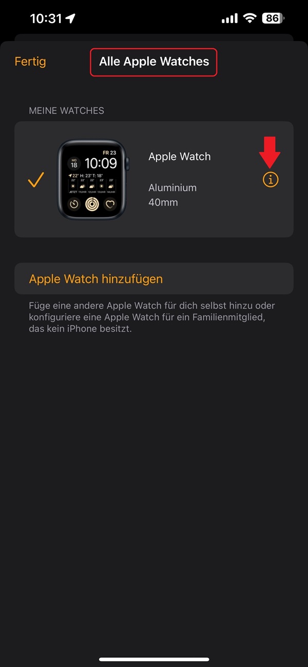 Screenshot von der App „Watch“ im Menüpunkt „Alle Apple Watches“.