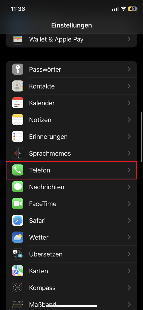 Screenshot von Einstellungen im iPhone mit roter Markierung bei „Telefon“
