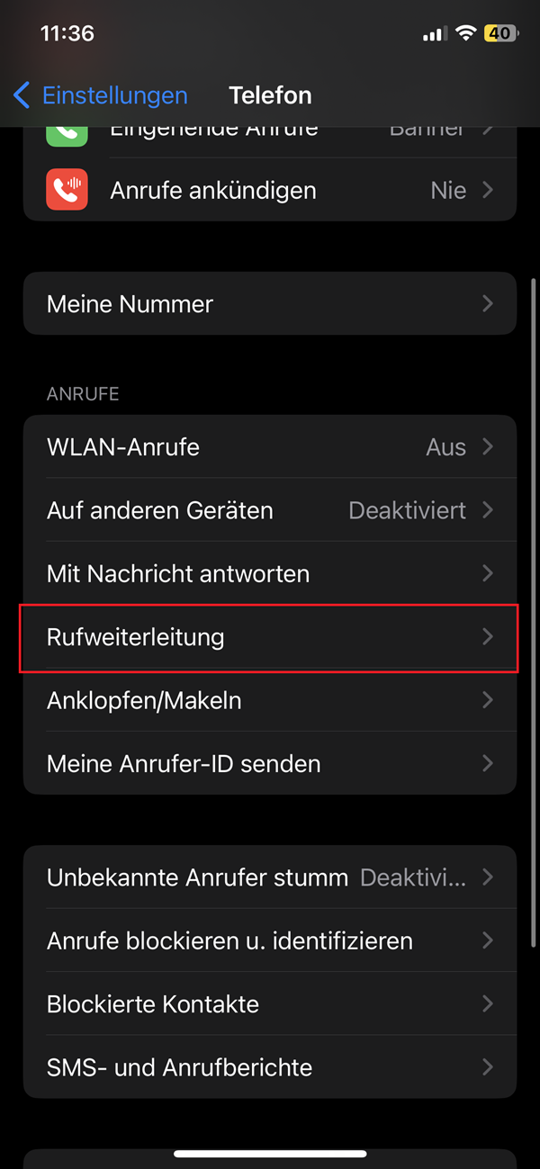 Screenshot von Telefon-Einstellungen im iPhone mit roter Markierung bei „Rufweiterleitung“