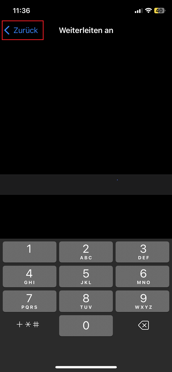 Screenshot von der Einstellung „Weiterleiten an“ im iPhone mit roter Markierung bei „Zurück“