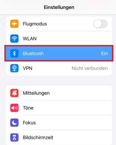 Screenshot von den Einstellungen mit Markierung von „Bluetooth“