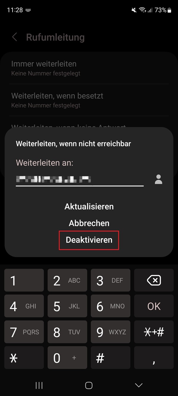 Screenshot von Rufumleitung mit Markierung von „Deaktivieren“.