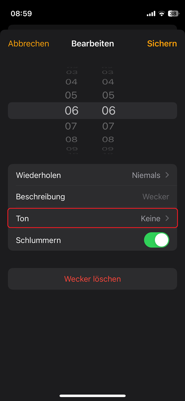 Screenshot von iPhone-Einstellungen für einen Wecker mit roter Markierung bei der Auswahl „Ton“