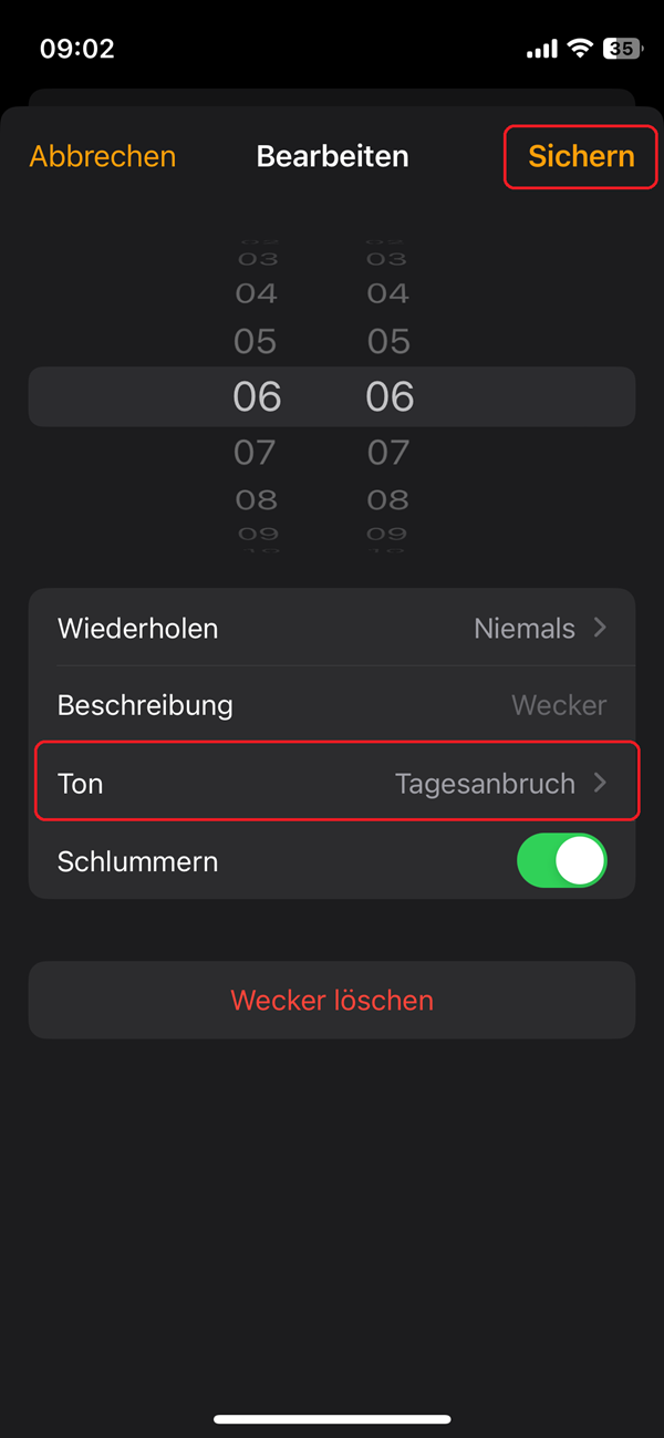 Screenshot von iPhone-Einstellungen für einen Wecker mit roter Markierung bei „Ton“ und „Sichern“