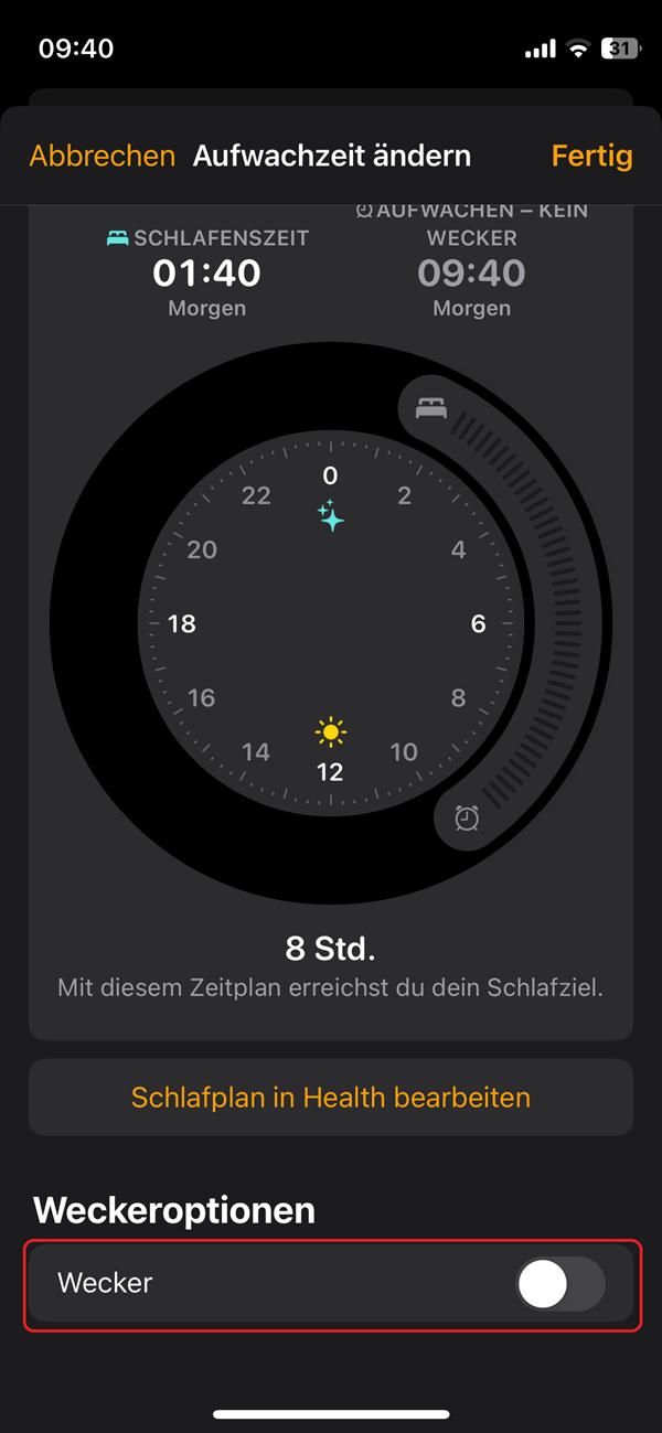 Screenshot von iPhone-Einstellungen für „Aufwachzeit ändern“ mit roter Markierung bei der Auswahl „Wecker“ und einem deaktivierten Schieberegler