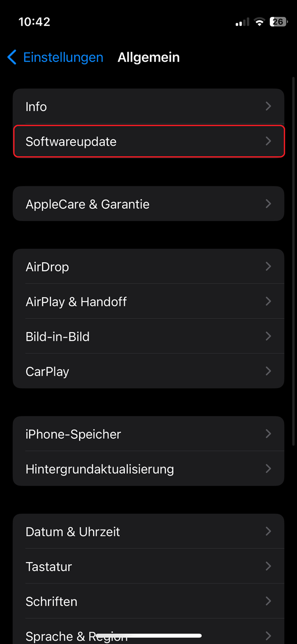 Screenshot von iPhone-Einstellungen in „Allgemein“ mit roter Markierung bei „Softwareupdate“