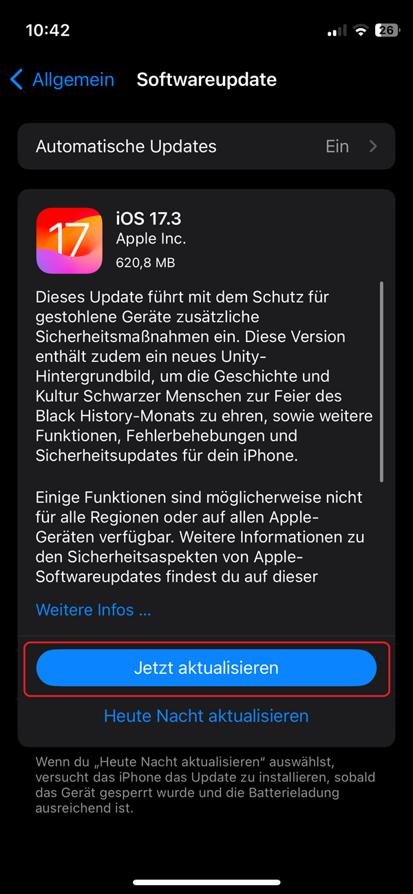 Screenshot von iPhone-Einstellungen in „Softwareupdate“ mit neuestem Update und roter Markierung bei „Jetzt aktualisieren“