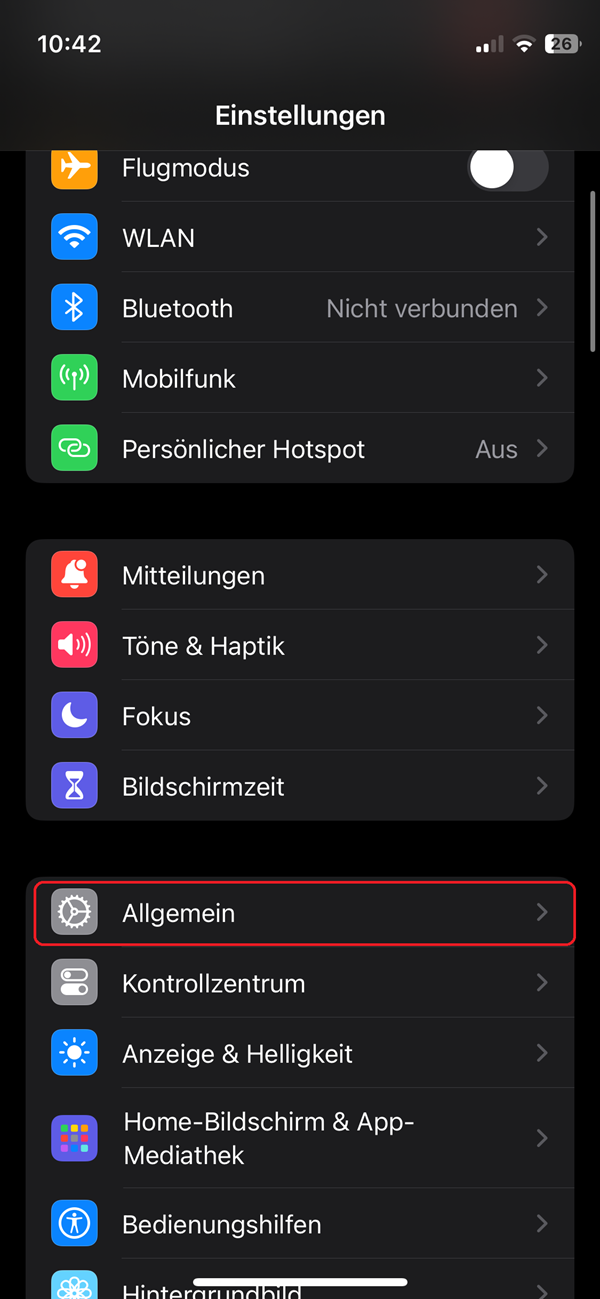 Screenshot von iPhone-Einstellungen mit roter Markierung bei „Allgemein“