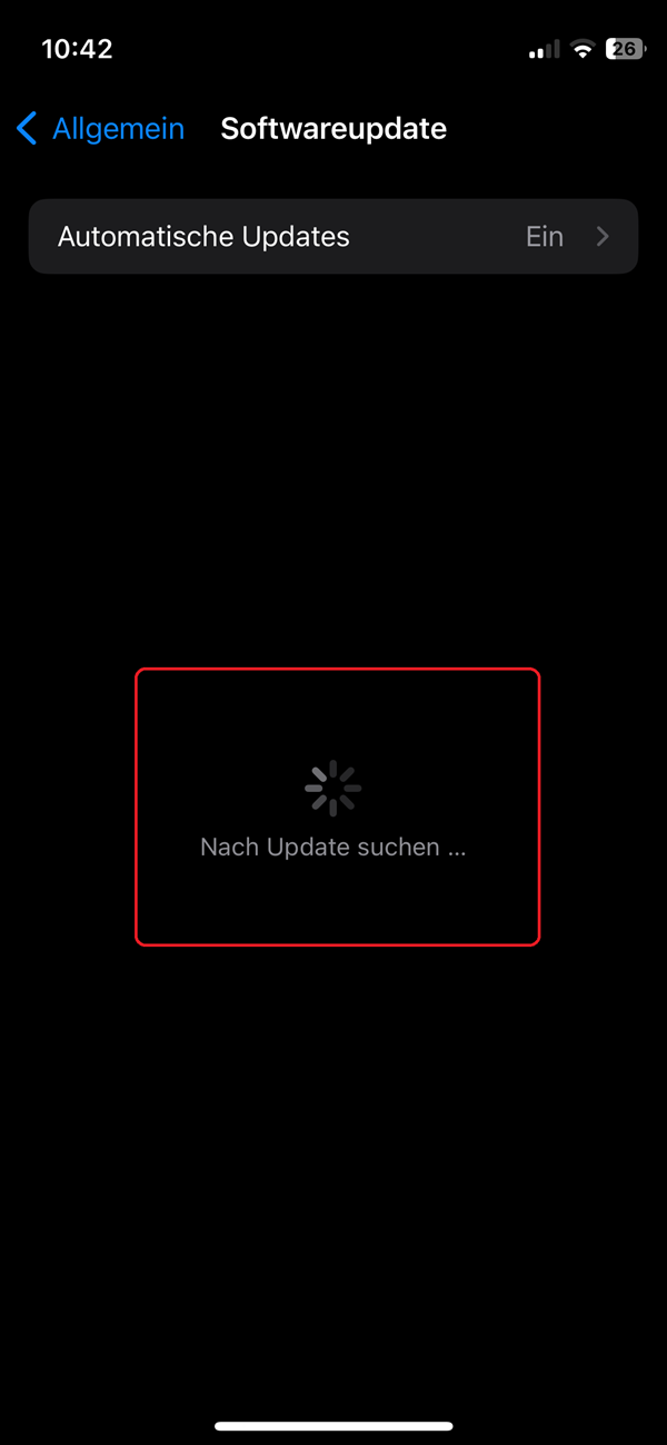 Screenshot von iPhone-Einstellungen in „Softwareupdate“ roter Markierung bei „Nach Update suchen…“