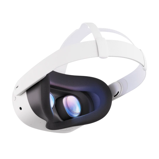  Meta Quest 3s Virtual-Reality-Headset, von innen gezeigt mit sichtbaren Linsen und weißem Kopfband 