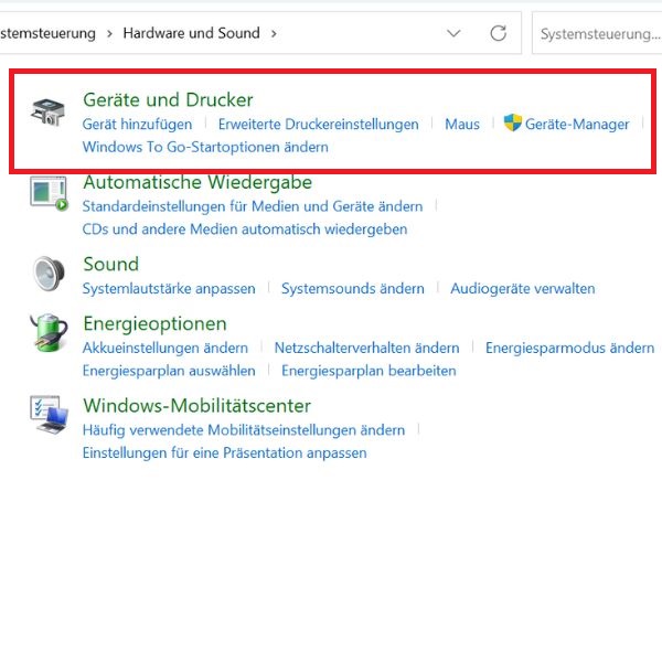 Hardware und Sound mit blauem Pfeil bei „Geräte und Drucker“