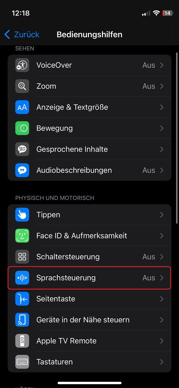 Screenshot von iPhone-Einstellungen in „Bedienungshilfen“ mit roter Markierung von „Sprachsteuerung“.