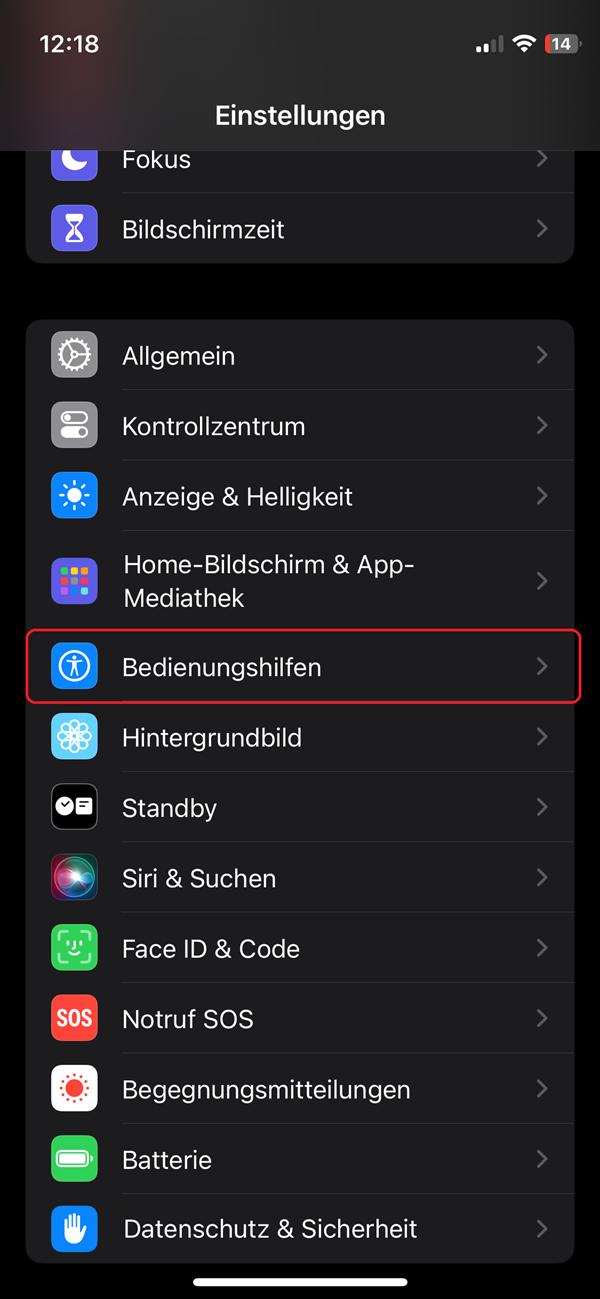 Screenshot von iPhone-Einstellungen mit roter Markierung von „Bedienungshilfen“.