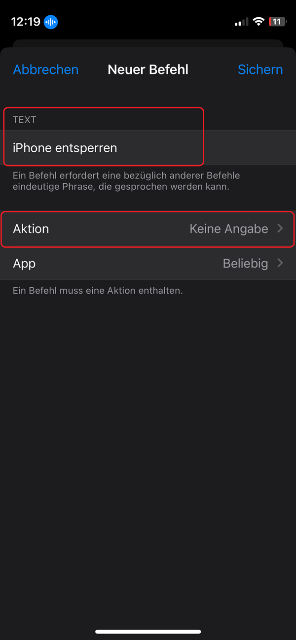 Screenshot von iPhone-Einstellungen in „Neuer Befehl“ mit roter Markierung von „Text“ und „Aktion“.