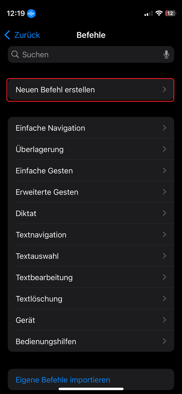 Screenshot von iPhone-Einstellungen in „Befehle“ mit roter Markierung von „Neuen Befehl erstellen“.