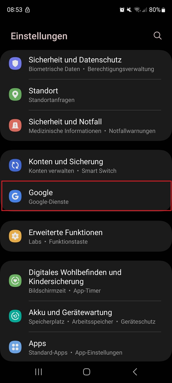 Screenshot von Samsung-Einstellungen mit roter Markierung bei „Google“