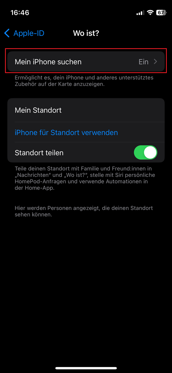 Screenshot von iPhone-Einstellungen im iPhone mit roter Markierung bei „Mein iPhone suchen“