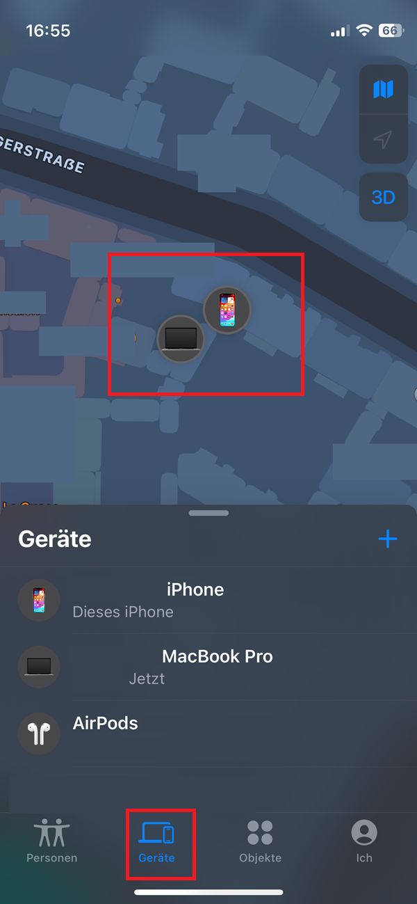 Screenshot von der App „Wo ist?“ mit roter Markierung bei „Geräte“ und der Geräte auf einer Karte