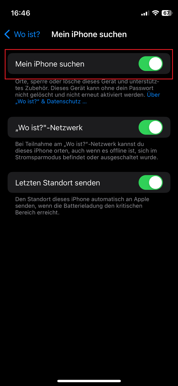 Screenshot von iPhone-Einstellungen mit roter Markierung der aktivierten Funktion „Mein iPhone suchen“
