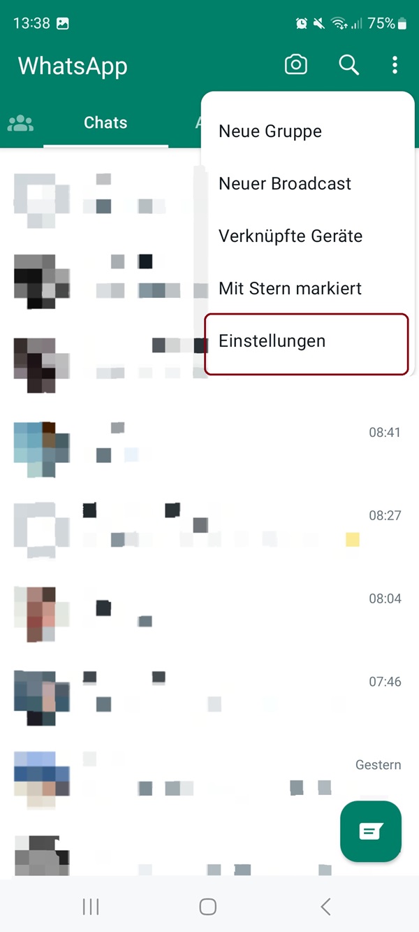 Screenshot von WhatsApp mit Menüoptionen und roter Markierung bei „Einstellungen“