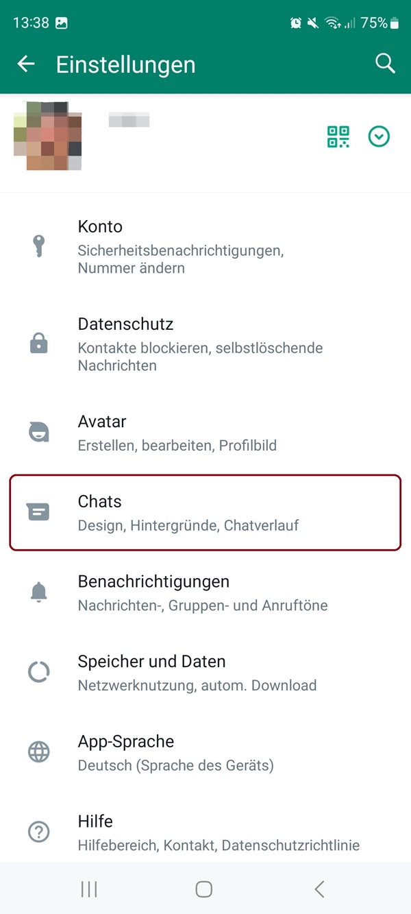 Screenshot von WhatsApp-Einstellungen auf einem Android iPhone mit roter Markierung bei „Chats“