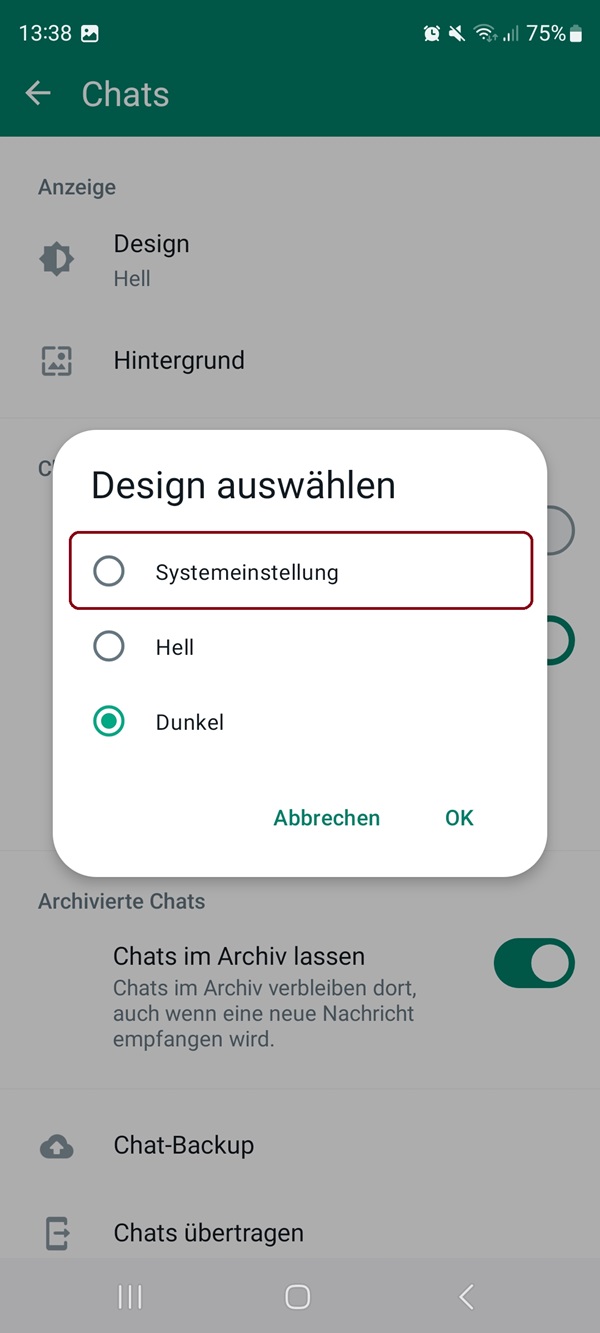 Screenshot von Design-Einstellungen in WhatsApp mit roter Markierung bei „Systemeinstellung“