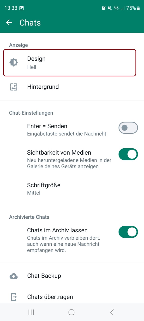 Screenshot von WhatsApp-Chat-Einstellungen auf Android mit roter Markierung bei „Design“