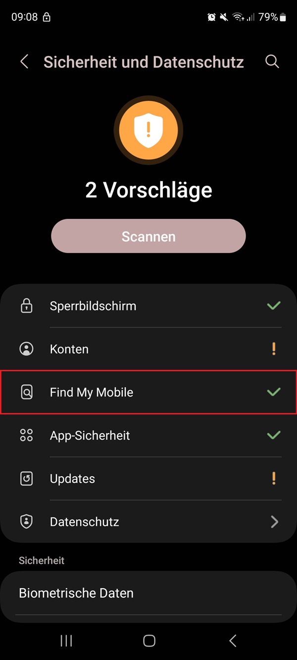 Screenshot von Sicherheit und Datenschutz mit Markierung von „Find My Mobile“