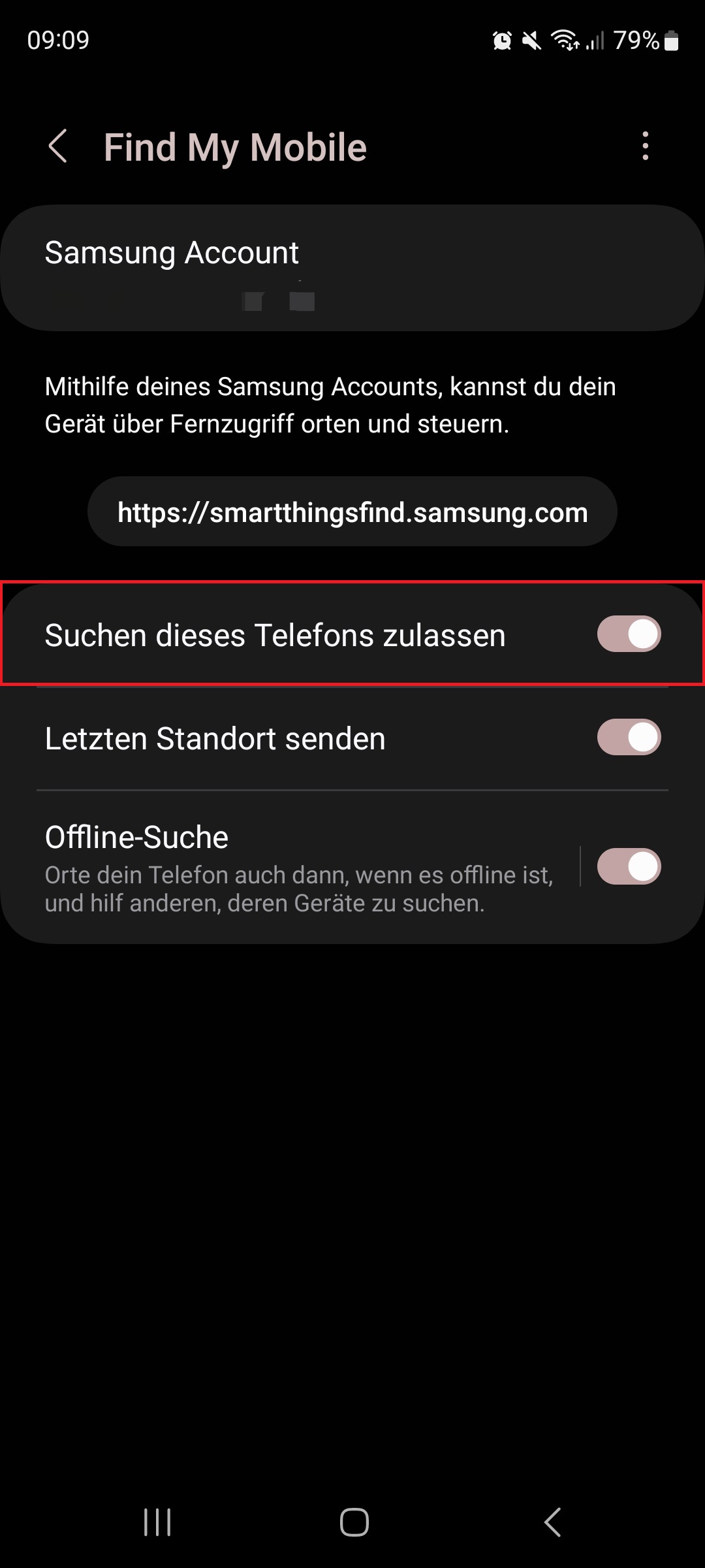 Screenshot von Find My Mobile mit Markierung von „Suchen dieses Telefons zulassen“