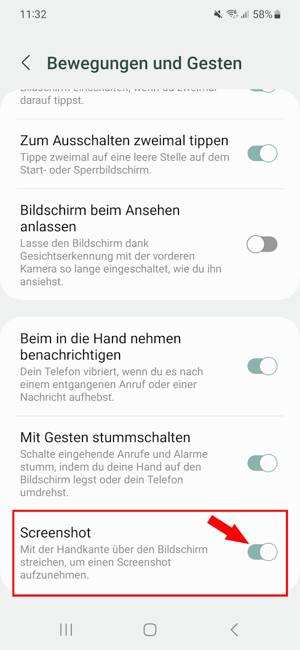 Menü „Bewegungen und Gesten“ bei Samsung