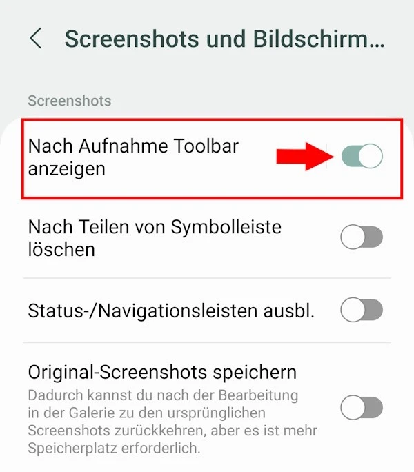 Screenshot-Einstellungen bei Samsung