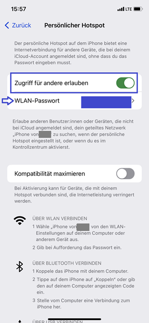 Einstellung „Persönlicher Hotspot“ mit blauen Markierungen an den wichtigsten Einstellungen