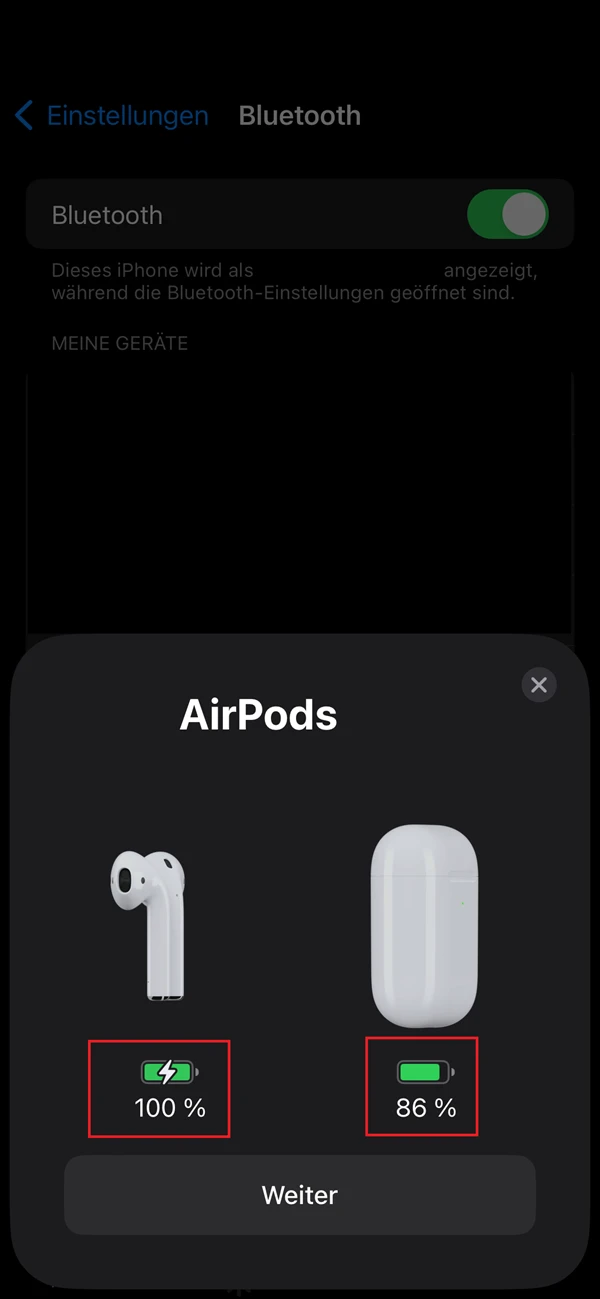 Screenshots von AirPods-Ladeanzeige auf dem iPhone