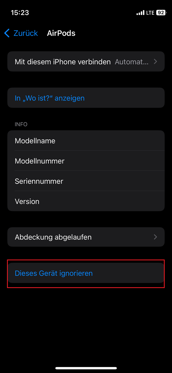 Screenshot von erweiterten Informationen über die AirPods auf dem iPhone