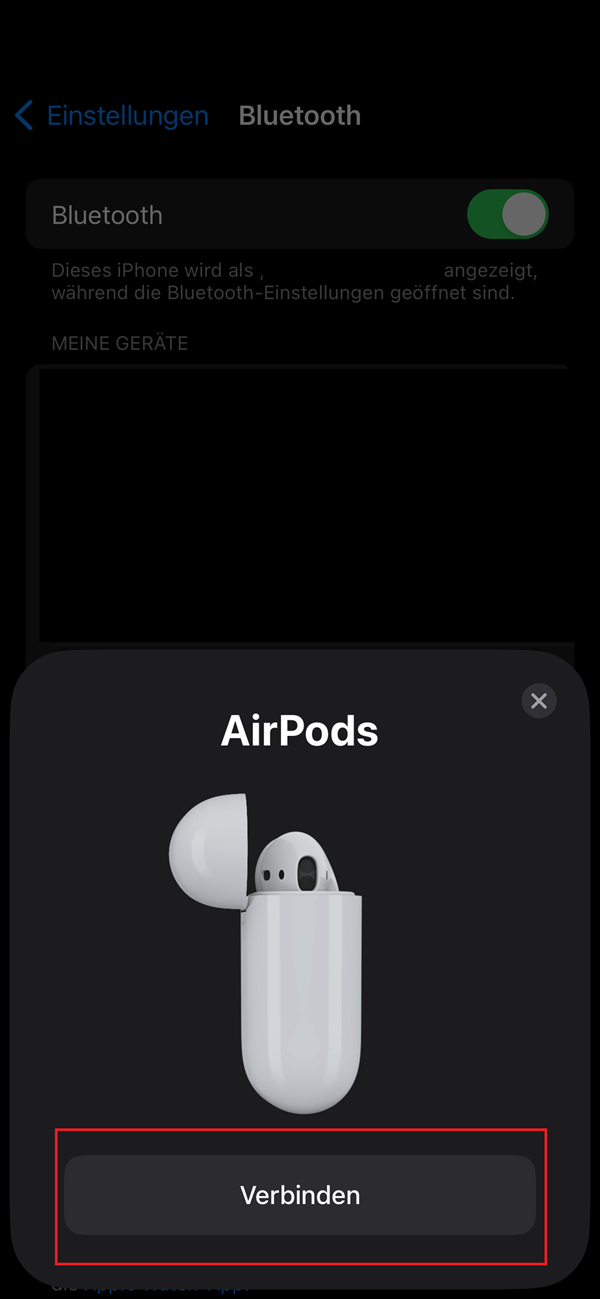 Screenshot von AirPods, die bereit zum Verbinden sind, mit roter Markierung bei „Verbinden“