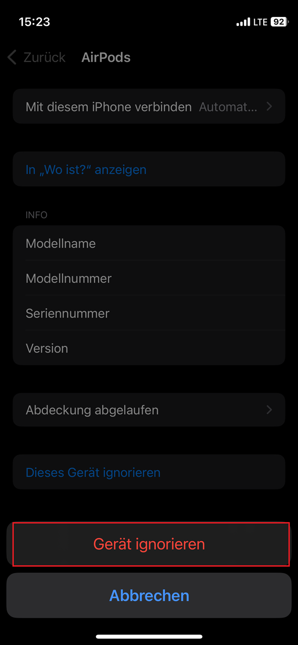 Screenshots von Bluetooth-Einstellungen im iPhone mit roter Markierung bei „Gerät ignorieren“