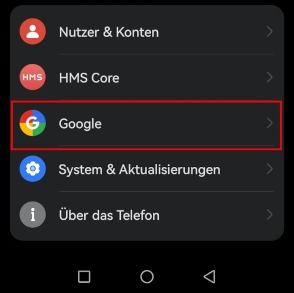 Google-Schaltfläche in den Android-Einstellungen