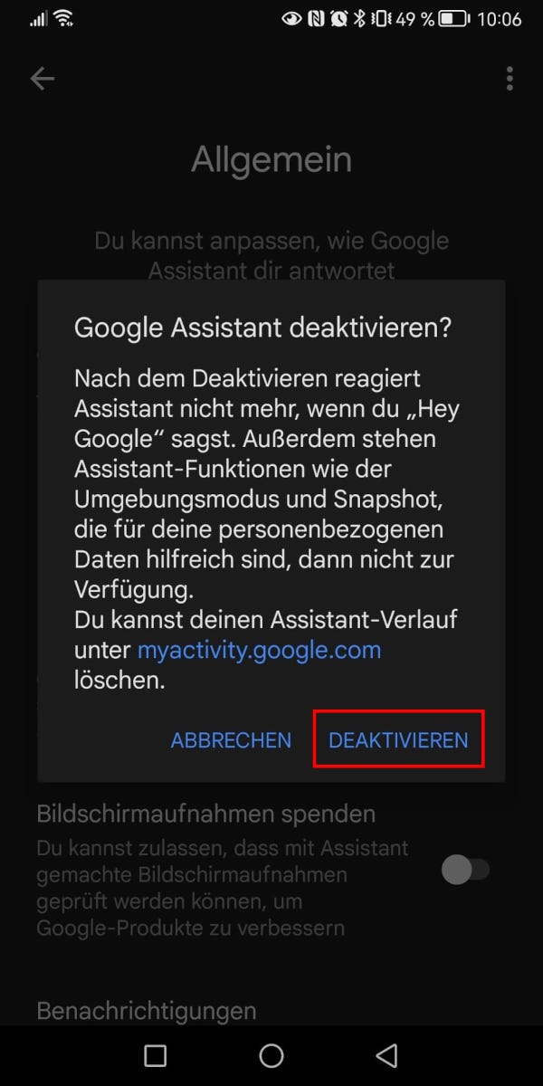 „Google Assistant deaktivieren“-Dialog