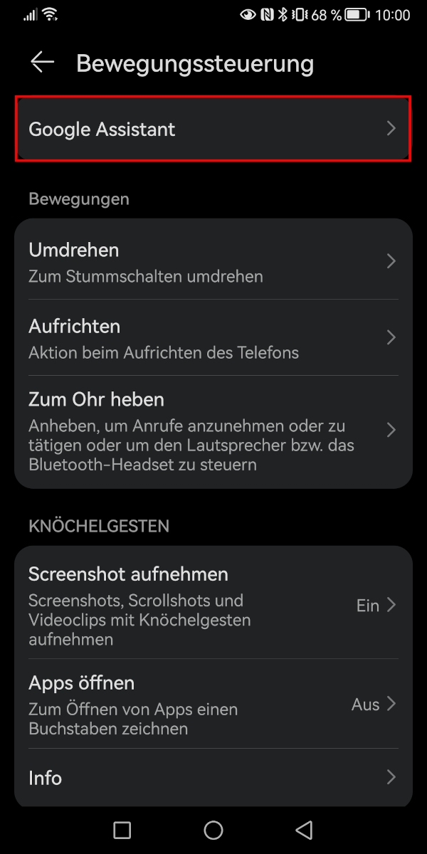 Google Assistant im „Bewegungssteuerung“-Menü