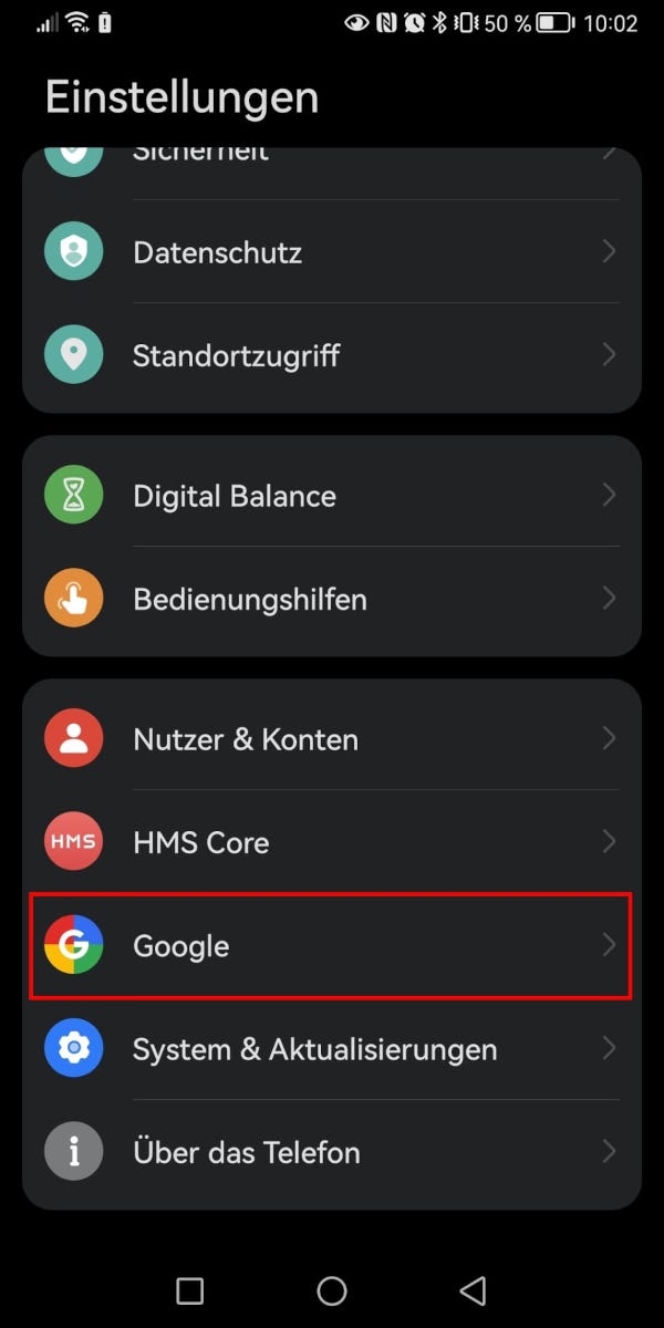 Google-Schaltfläche in den Android-Einstellungen