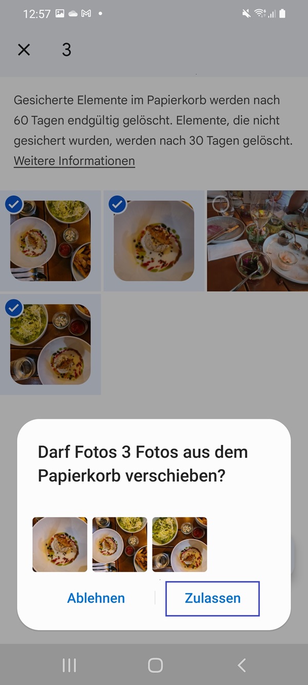 Bestätigungsanzeige zur Wiederherstellung der Bilder